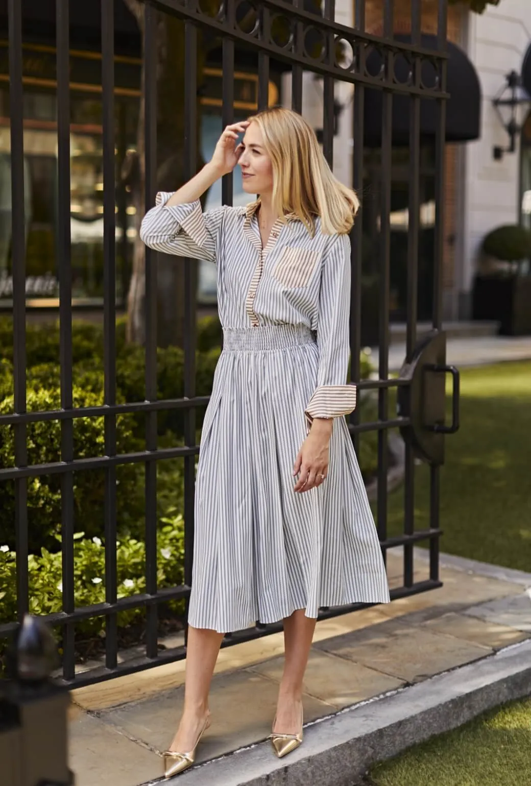 Smocked Waist MIDI Skirt - Deep Sea Stripe Anti Snag Fabric Fit Control