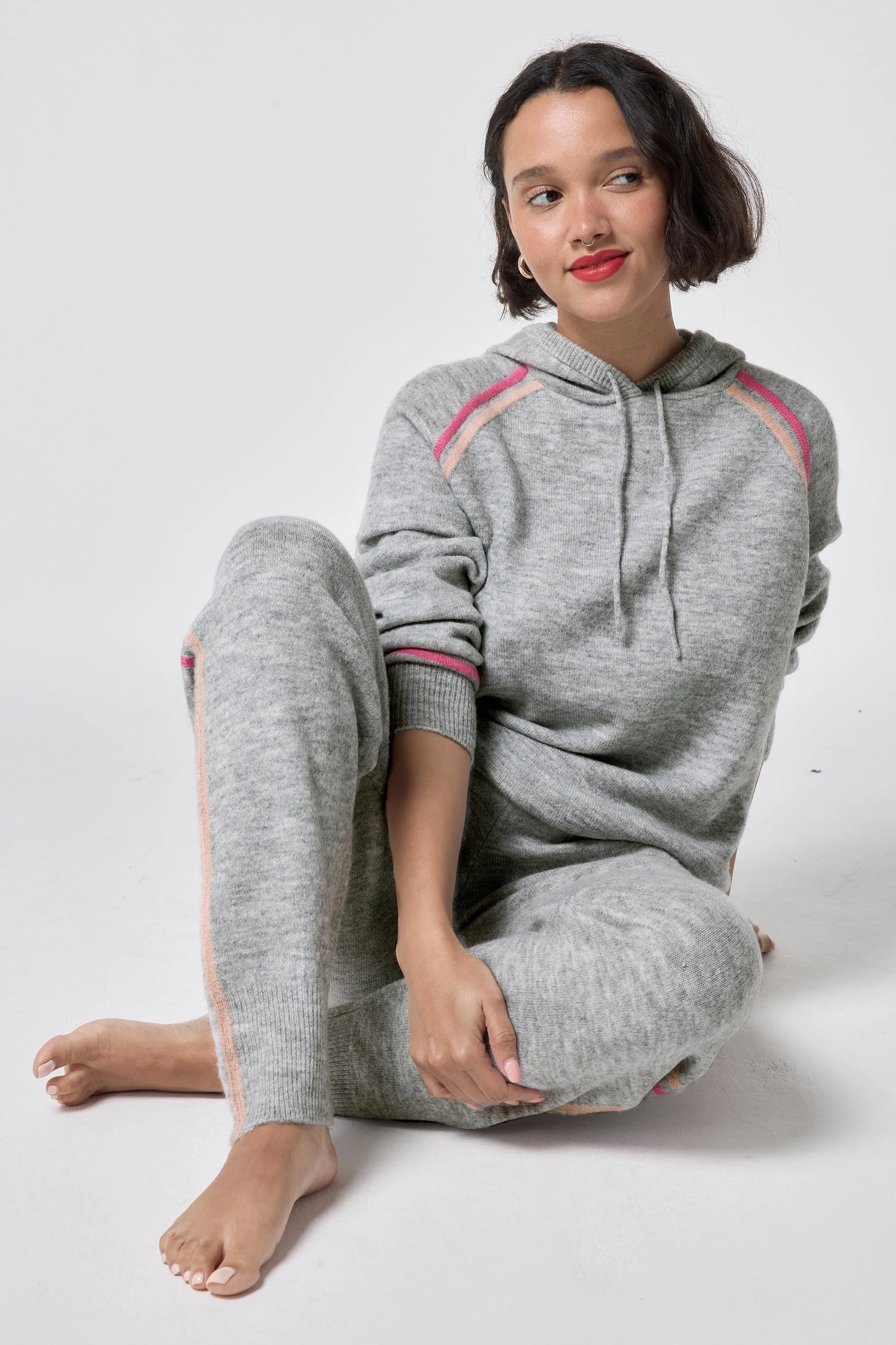Grey with Peach and Pink Stripe Knitted Lounge Wear Joggers Non Chafing Fabric Classic Appeal
