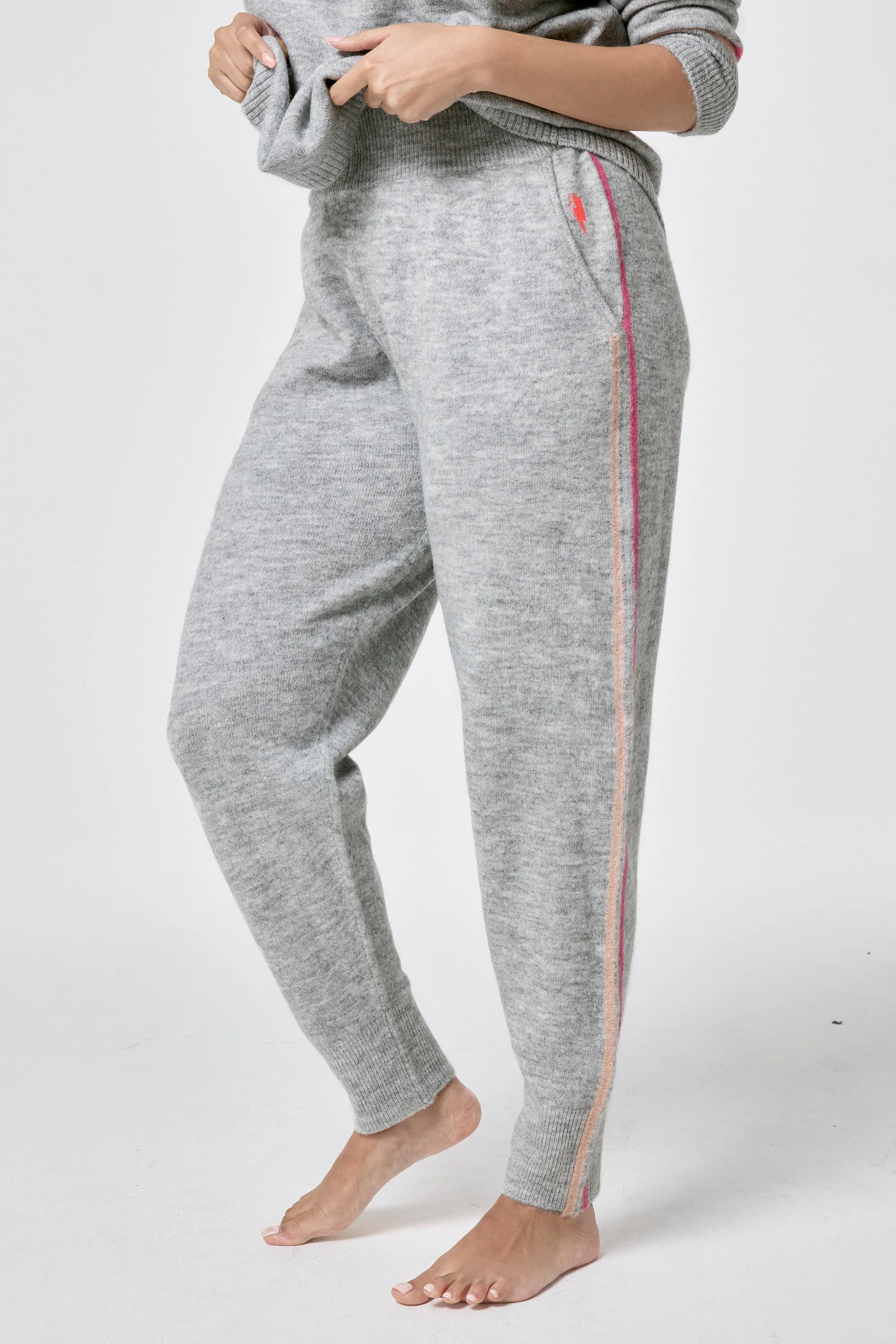 Relaxed Cut Timeless Basic Grey with Peach and Pink Stripe Knitted Lounge Wear Joggers
