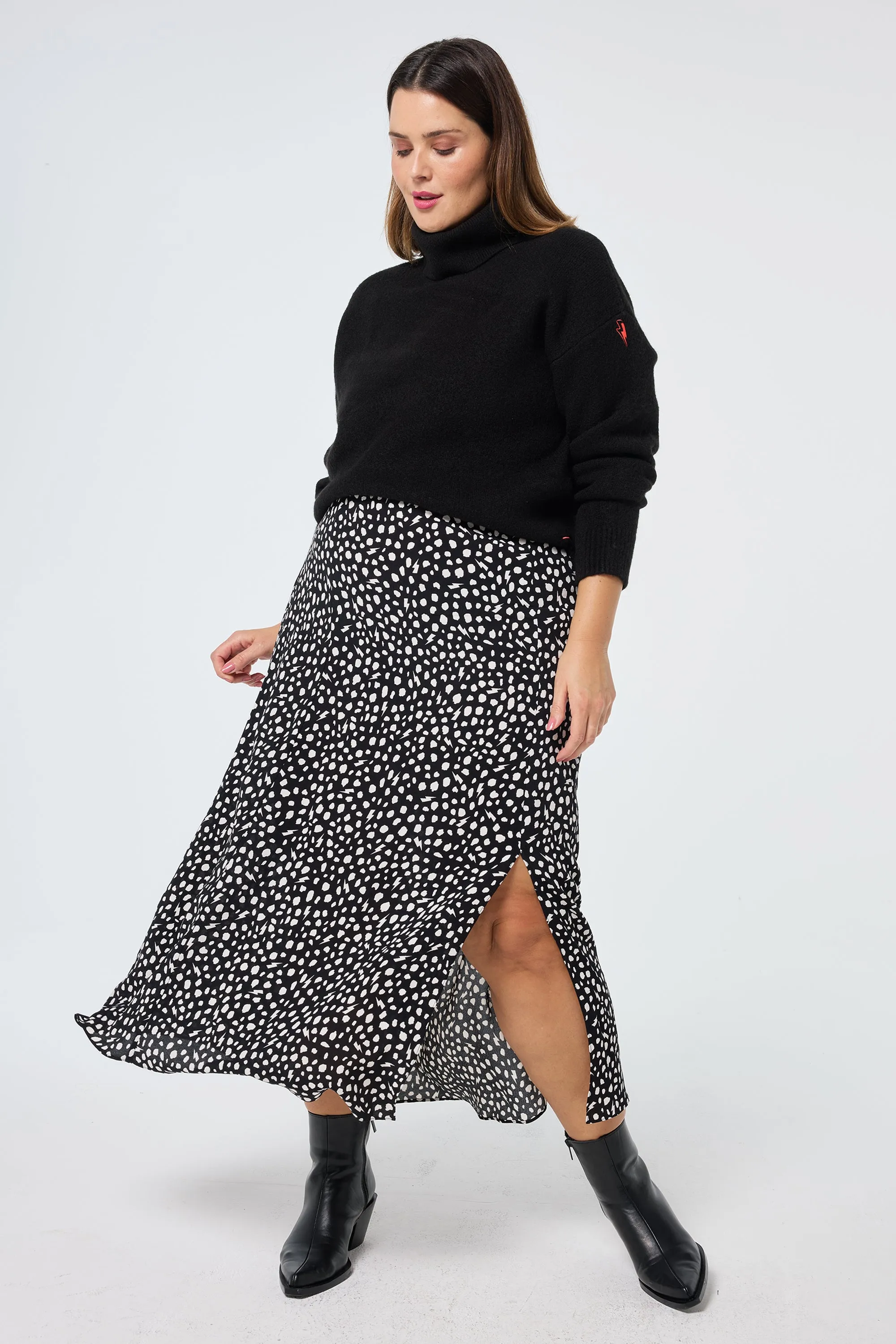 Black with White Cheetah Side Split Skirt Soft Lines