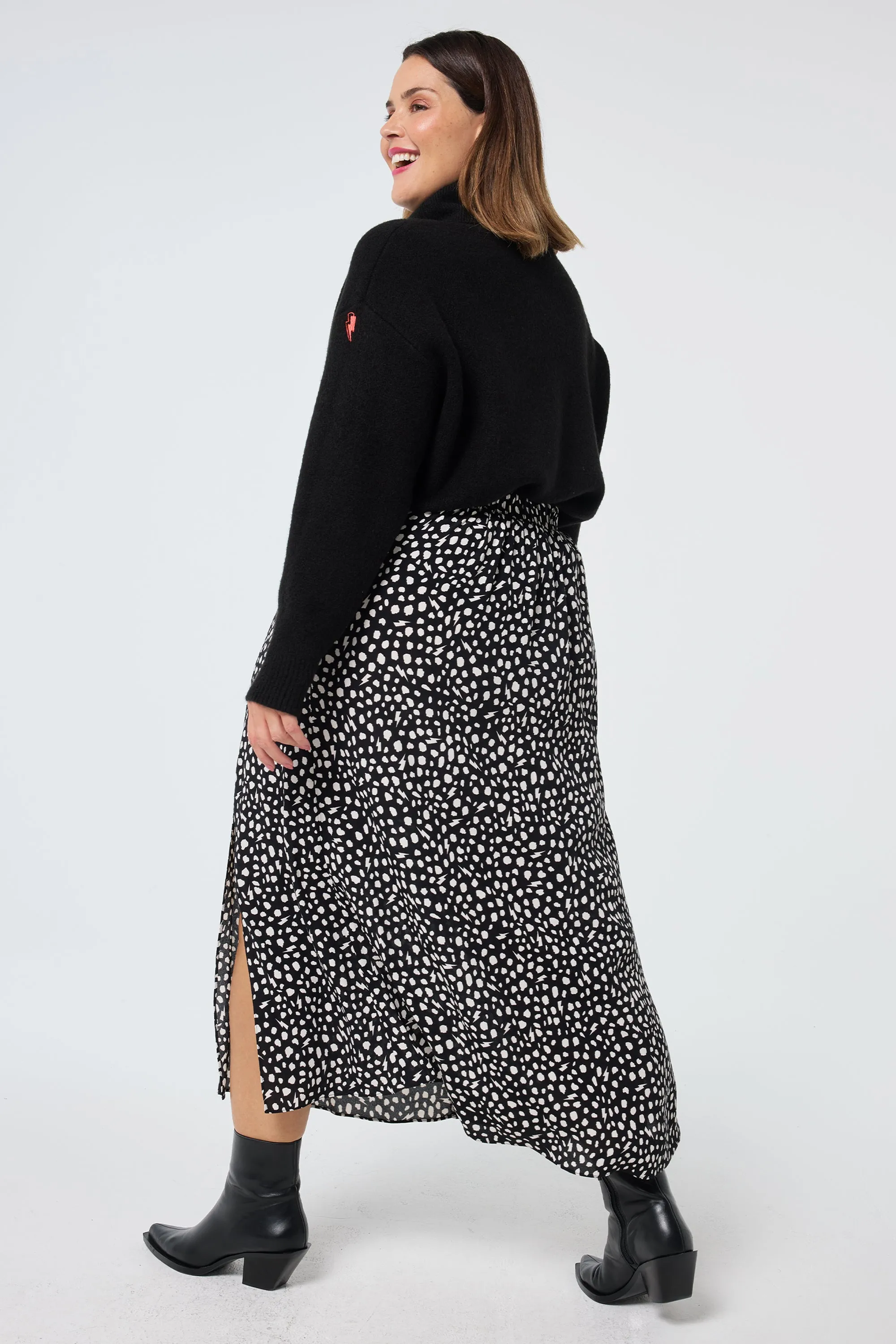 Midi length Inverted Pleats Black with White Cheetah Side Split Skirt