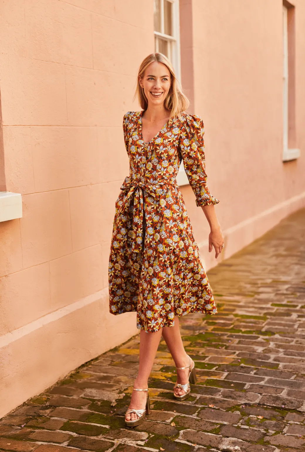 Long Sleeve Day Gown - MIDI - Bronze Floral Premium Material Timeless Comfort Wear