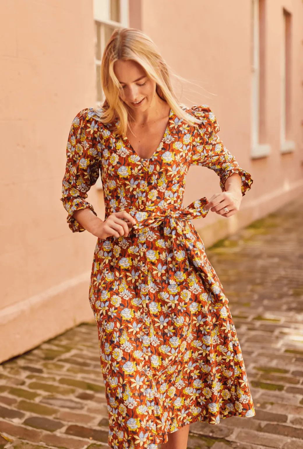 Long Sleeve Day Gown - MIDI - Bronze Floral Shared Glow Edgy Twist