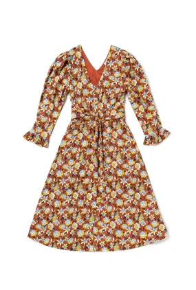 Slit Detail Long Sleeve Day Gown - MIDI - Bronze Floral