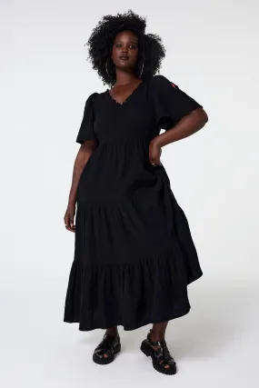 Black Flute Sleeve Tiered Midi Dress Soft Feel
