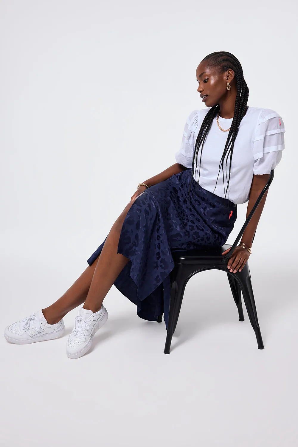 Mini length Stretch Material Navy Jacquard Leopard Split Front Skirt
