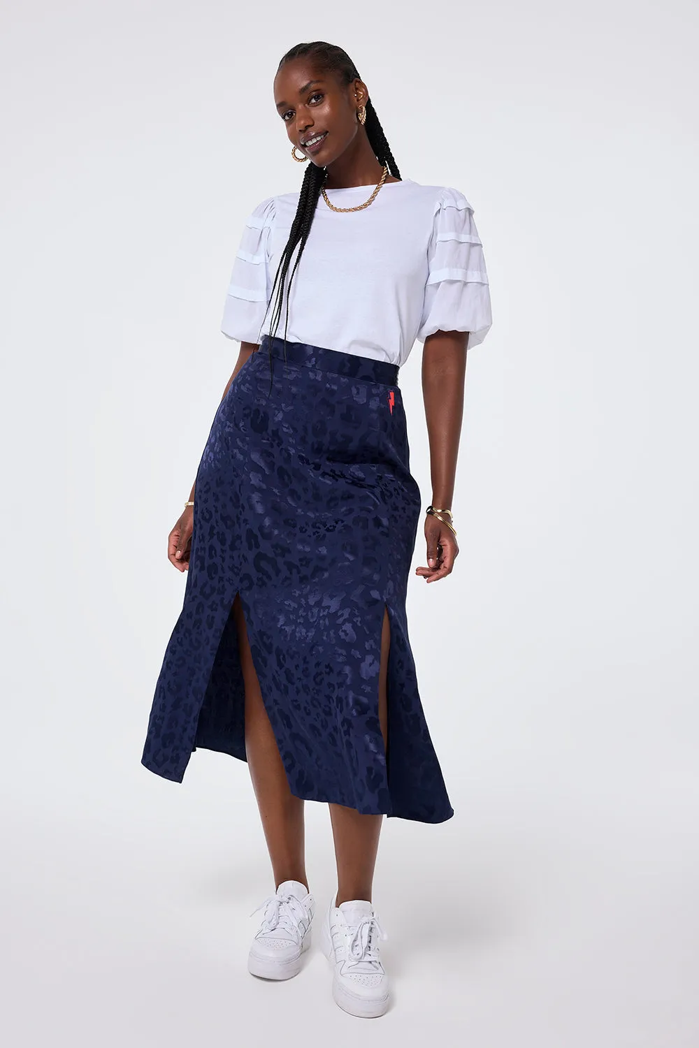Fresh Vibe Navy Jacquard Leopard Split Front Skirt