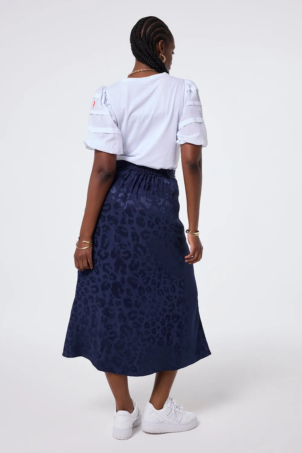 Navy Jacquard Leopard Split Front Skirt Comfort Mood