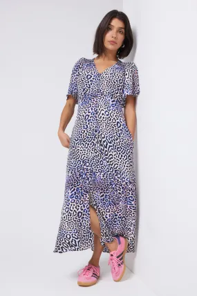 Casual Fit White with Blue and Pink Leopard Ray Angel Sleeve Midi Tea Dress