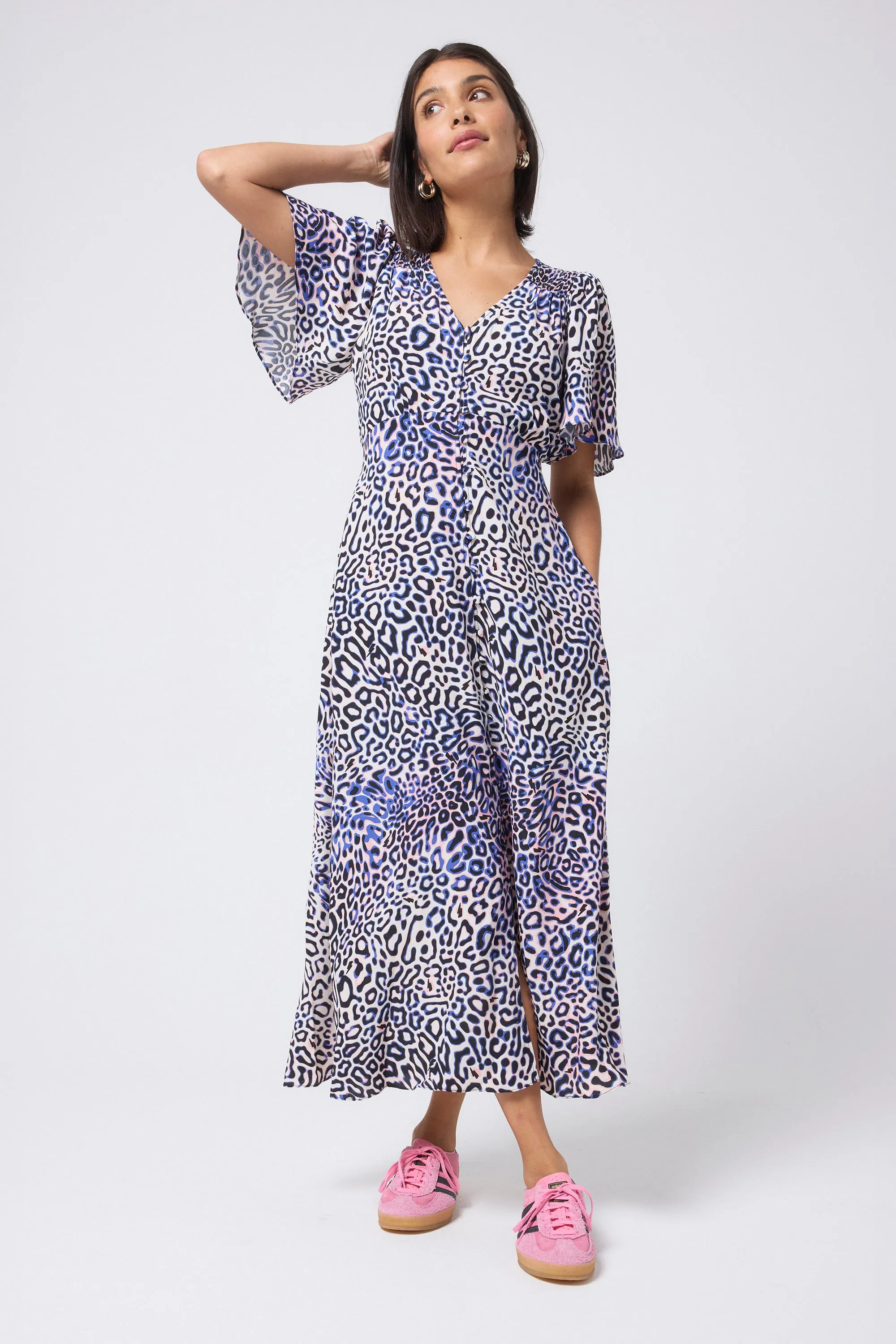 Cozy Fit White with Blue and Pink Leopard Ray Angel Sleeve Midi Tea Dress
