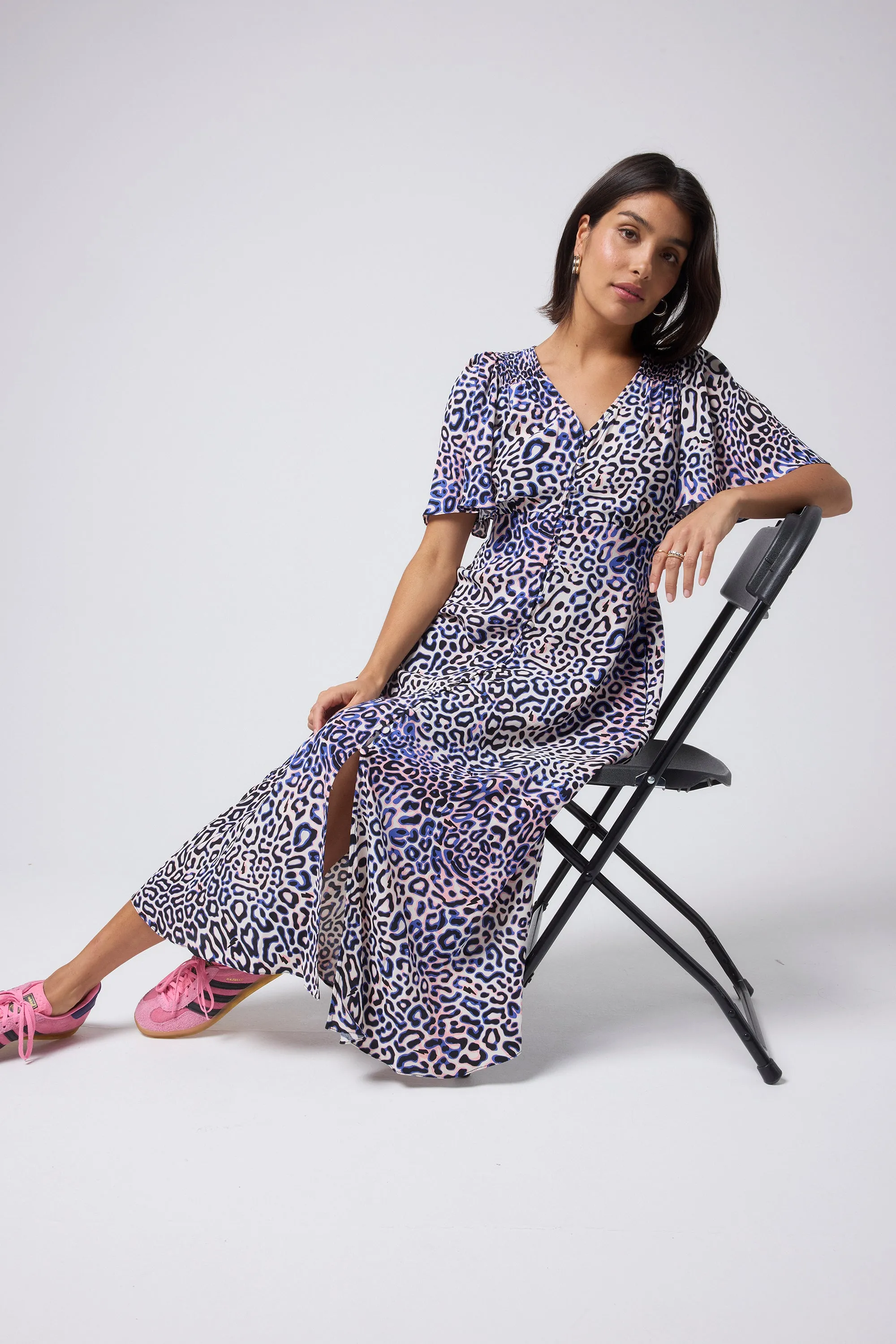 White with Blue and Pink Leopard Ray Angel Sleeve Midi Tea Dress ElasticWaistband
