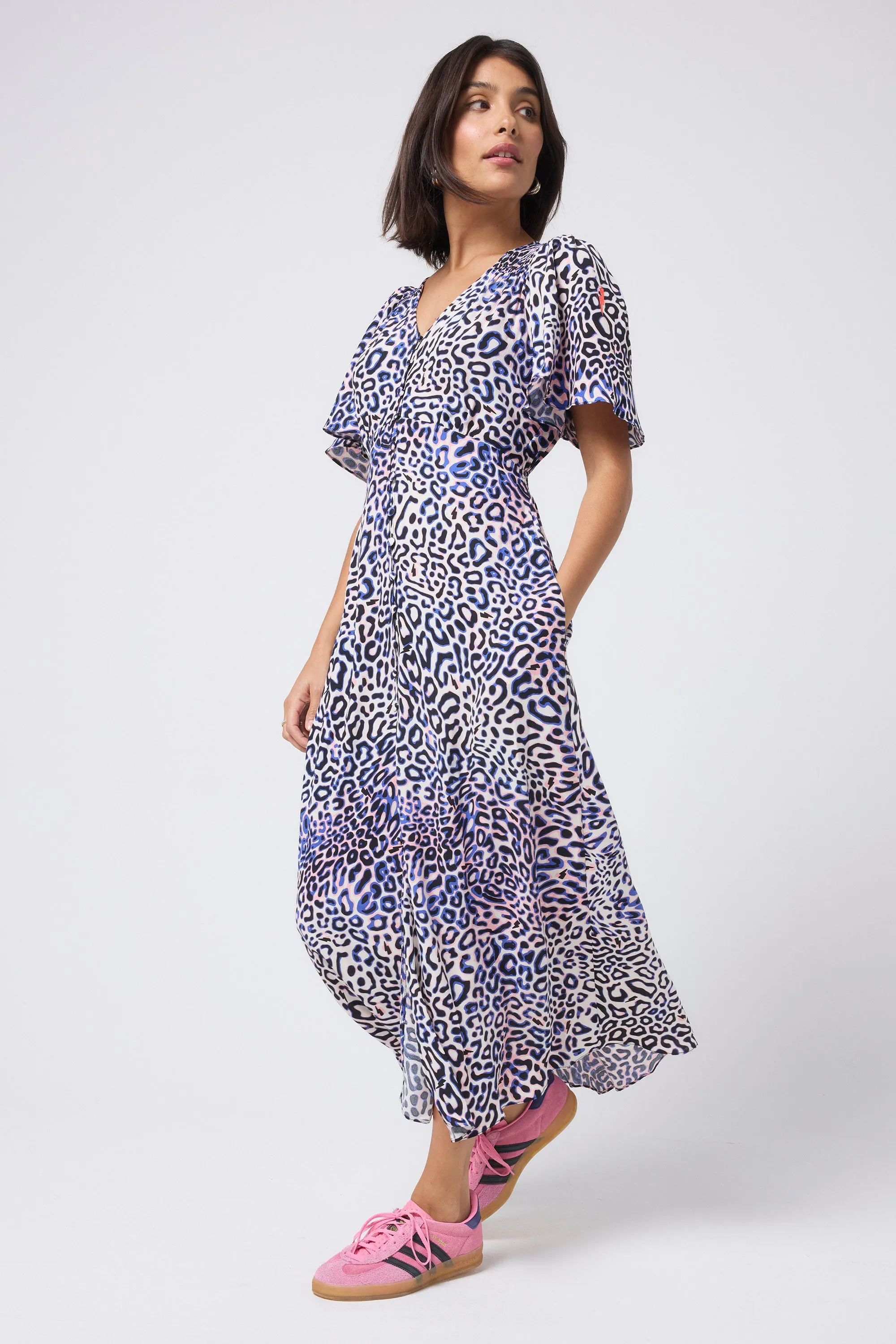 All Season White with Blue and Pink Leopard Ray Angel Sleeve Midi Tea Dress