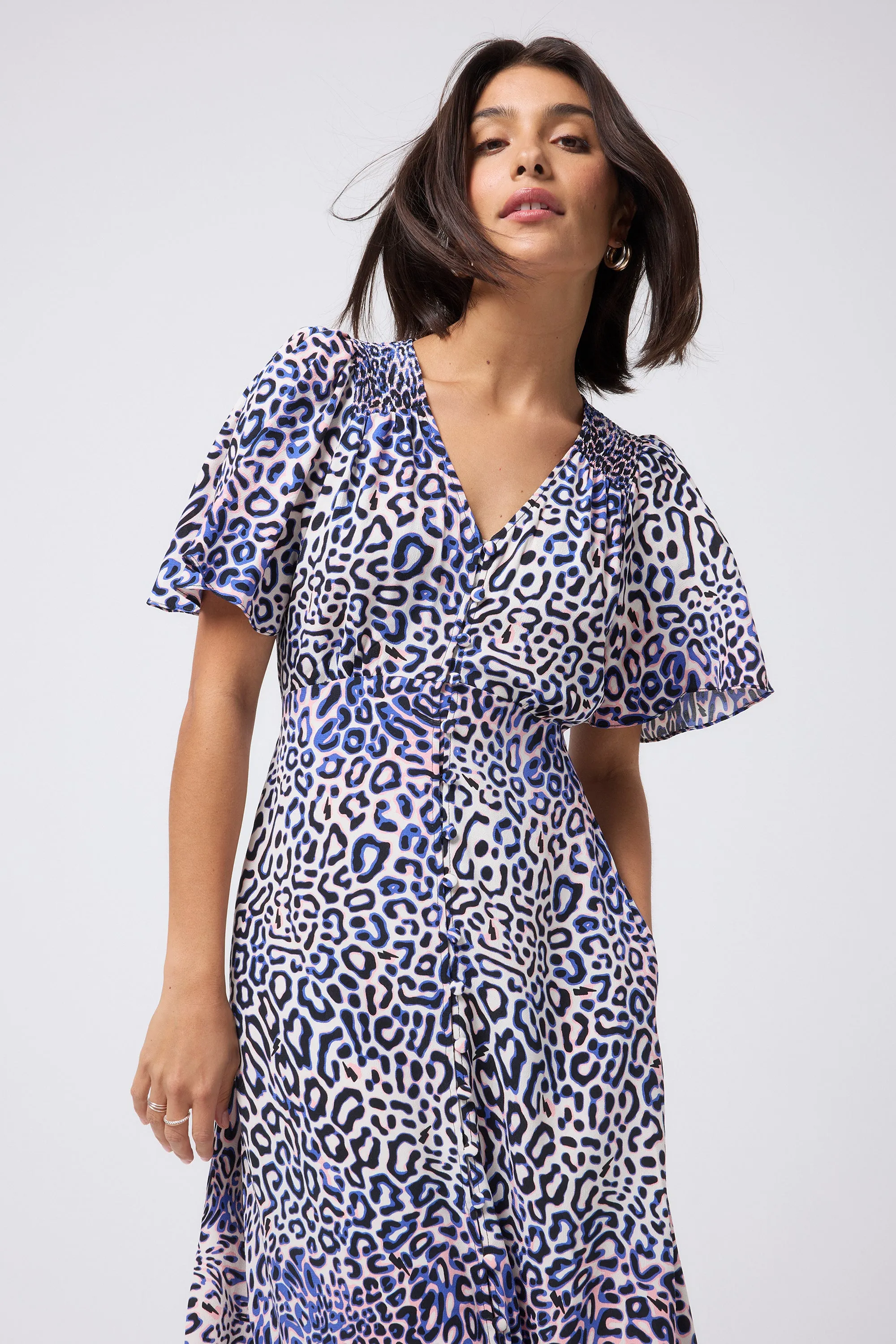 White with Blue and Pink Leopard Ray Angel Sleeve Midi Tea Dress Breezy Comfort