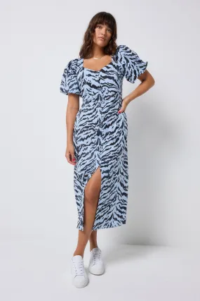 Pale Blue With Grey Texture Tiger Puff Sleeve Midi Tea Dress Relaxed work dress