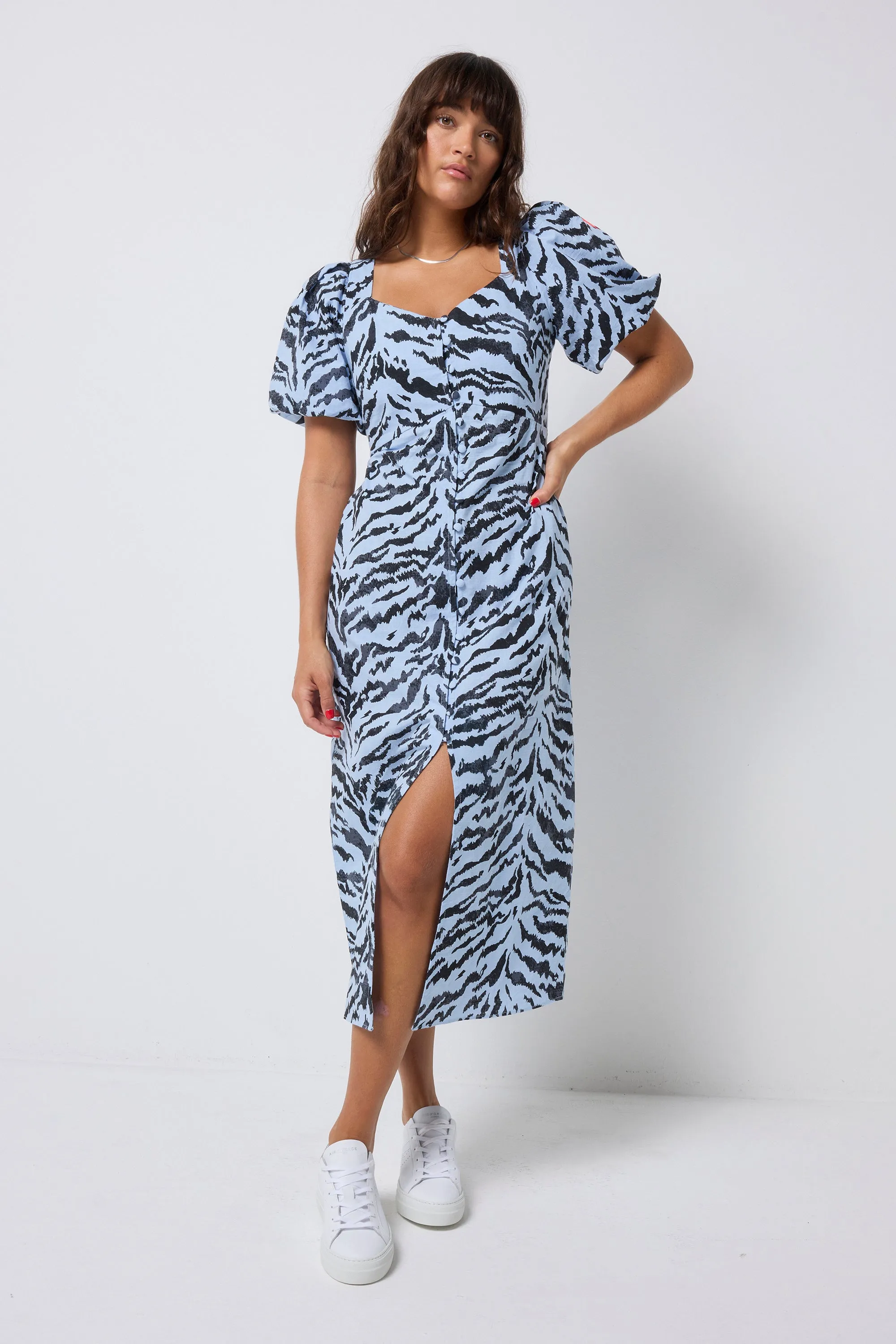 Pale Blue With Grey Texture Tiger Puff Sleeve Midi Tea Dress Relaxed work dress