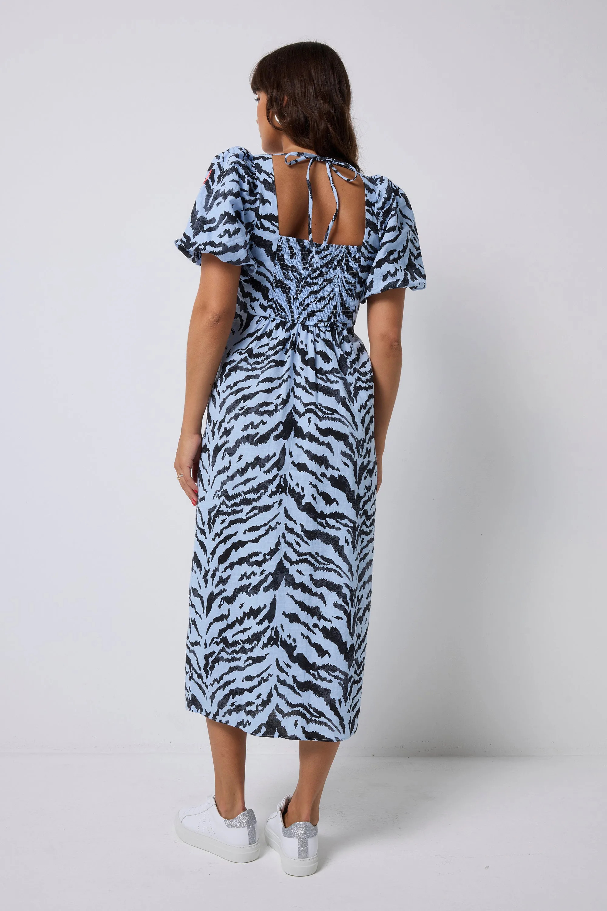 Pale Blue With Grey Texture Tiger Puff Sleeve Midi Tea Dress Calm Energy Movement Friendly