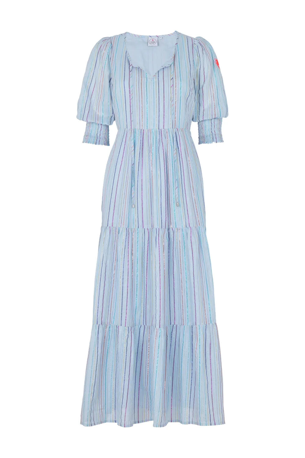 Pale Blue with Rainbow Lurex Tie Front Maxi Dress EcoFriendlyDye