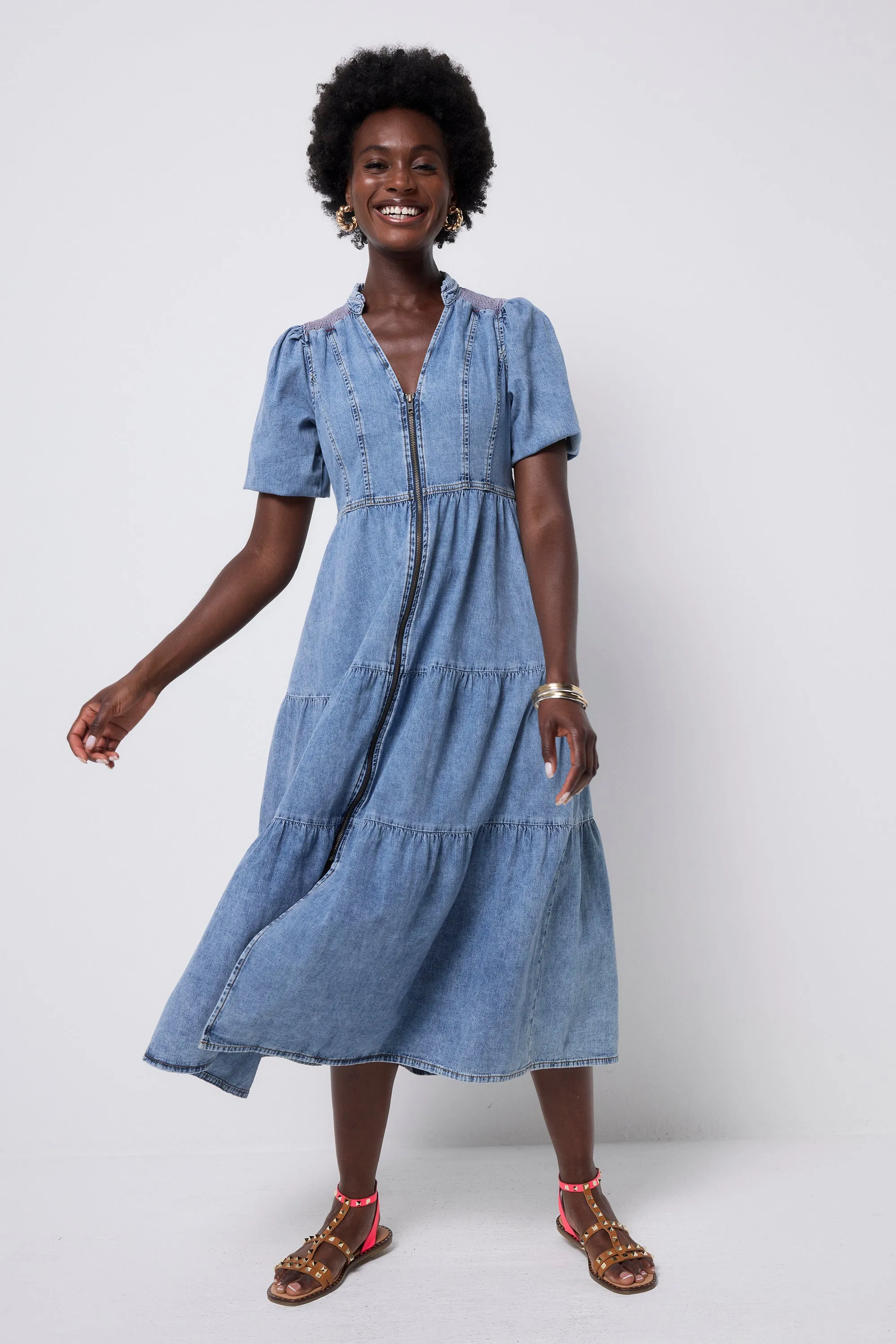 Pale Indigo Zip Detail Tiered Midi Denim Dress Flowy Layers Jewel Accent