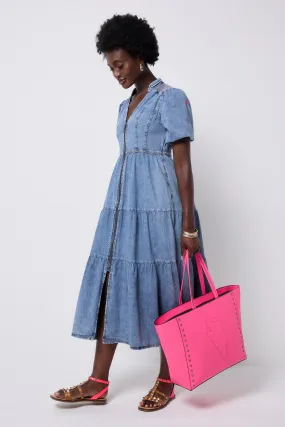 spring fresh Soft Fabric Pale Indigo Zip Detail Tiered Midi Denim Dress