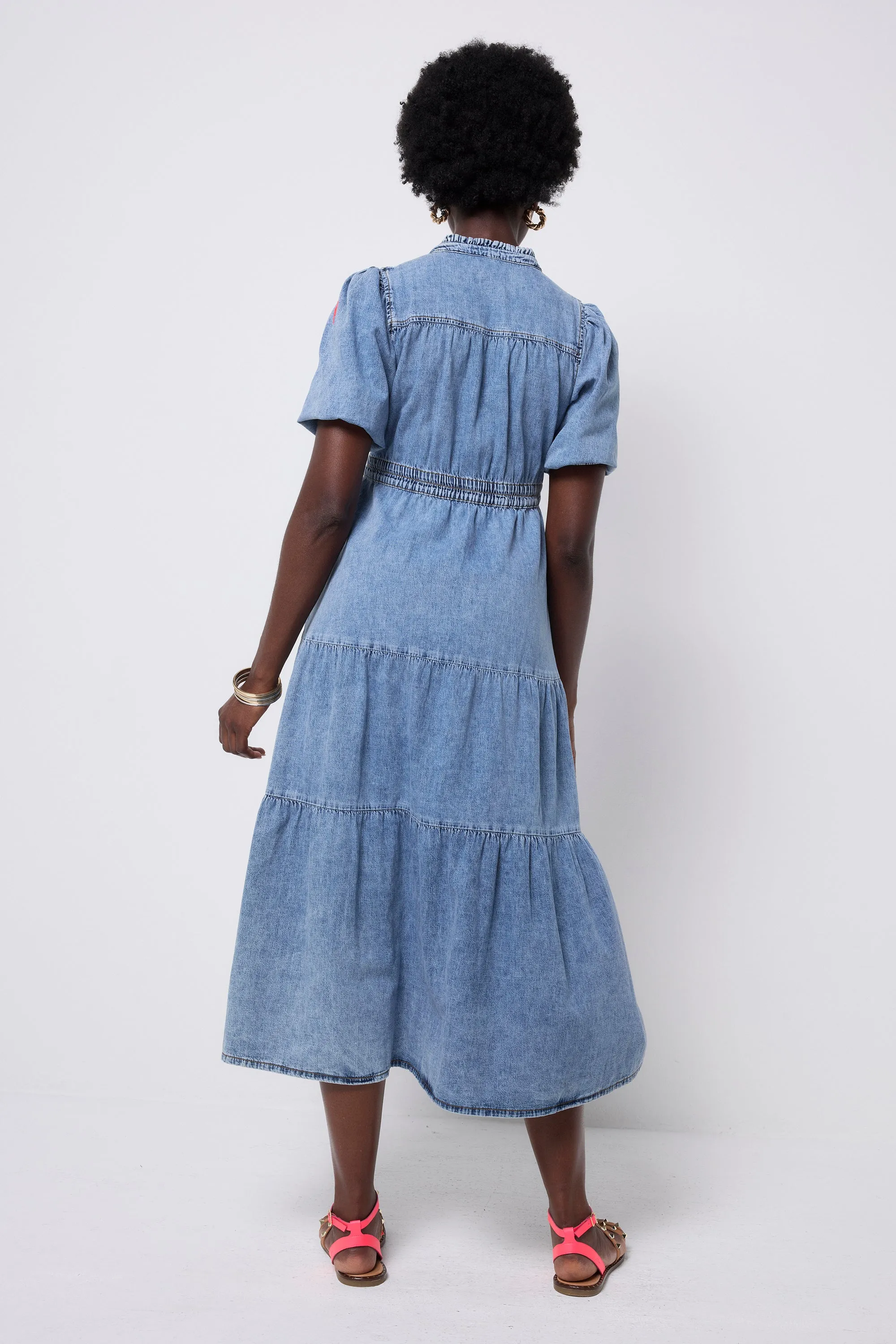 Pale Indigo Zip Detail Tiered Midi Denim Dress Chic Ensemble