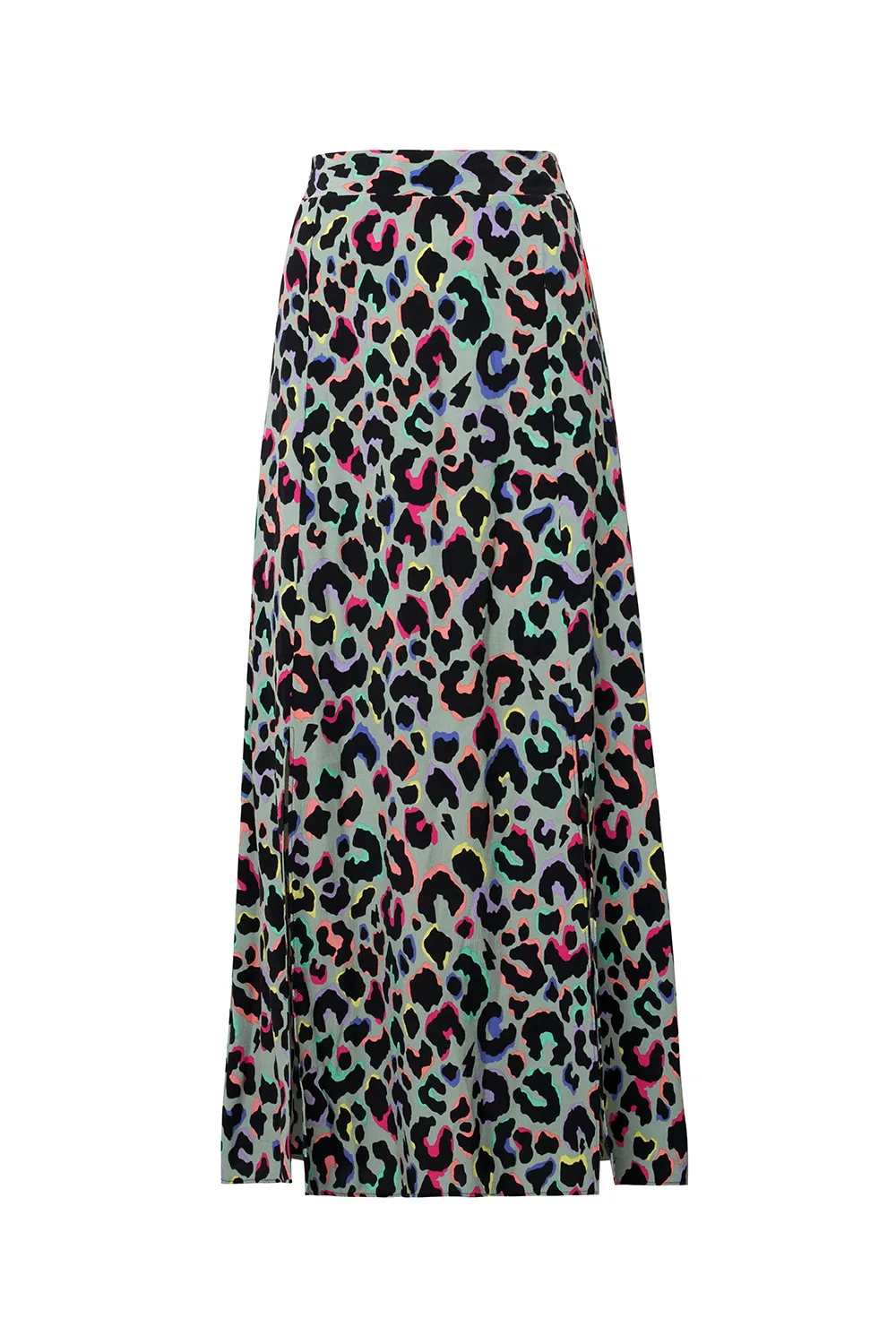 Pale Khaki with Rainbow Shadow Leopard Split Front Skirt Neat Fit Multi Purpose Fabric