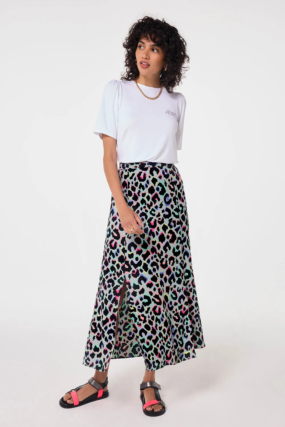 Pale Khaki with Rainbow Shadow Leopard Split Front Skirt Smooth Feel