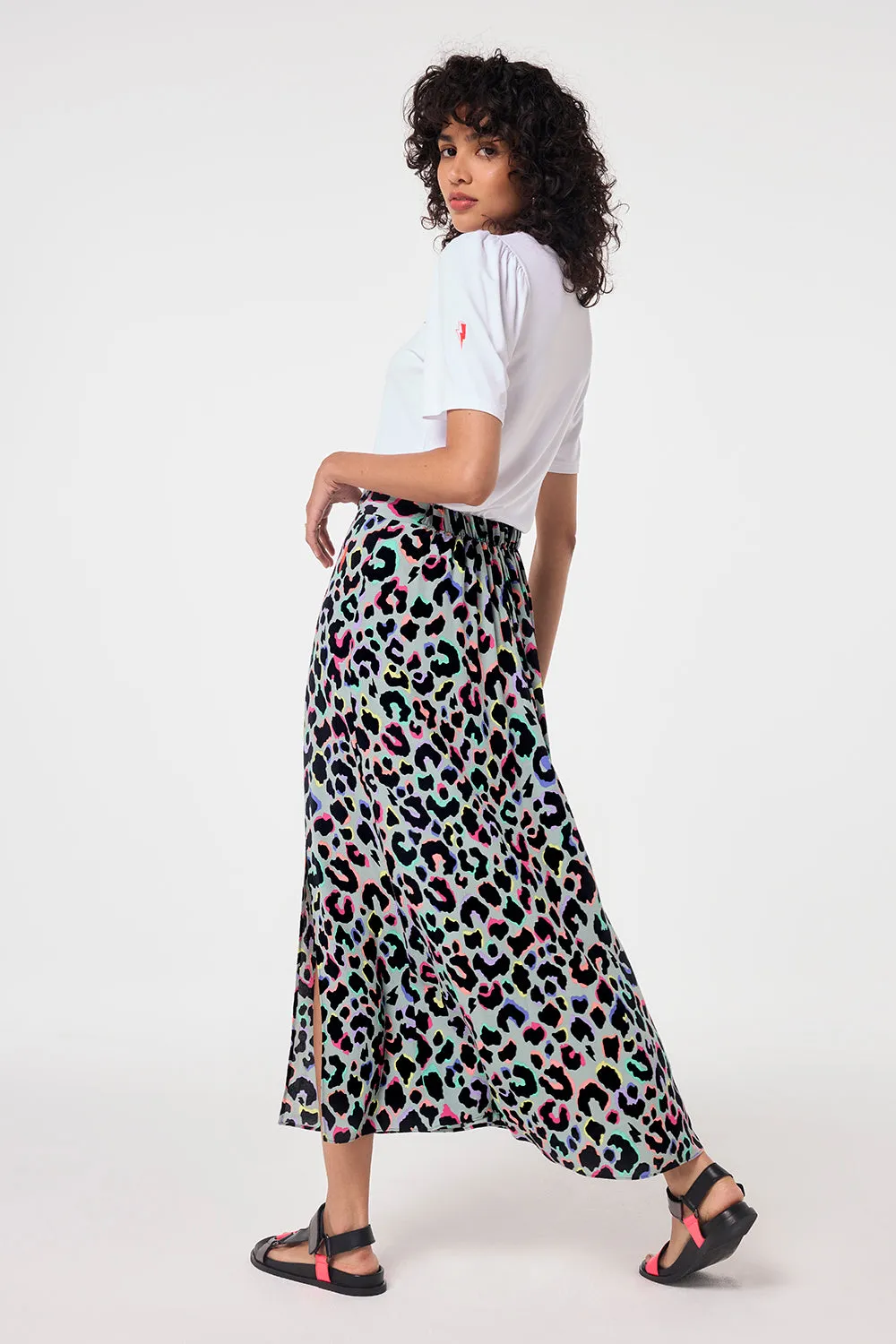 Pale Khaki with Rainbow Shadow Leopard Split Front Skirt Photoshoot Ready