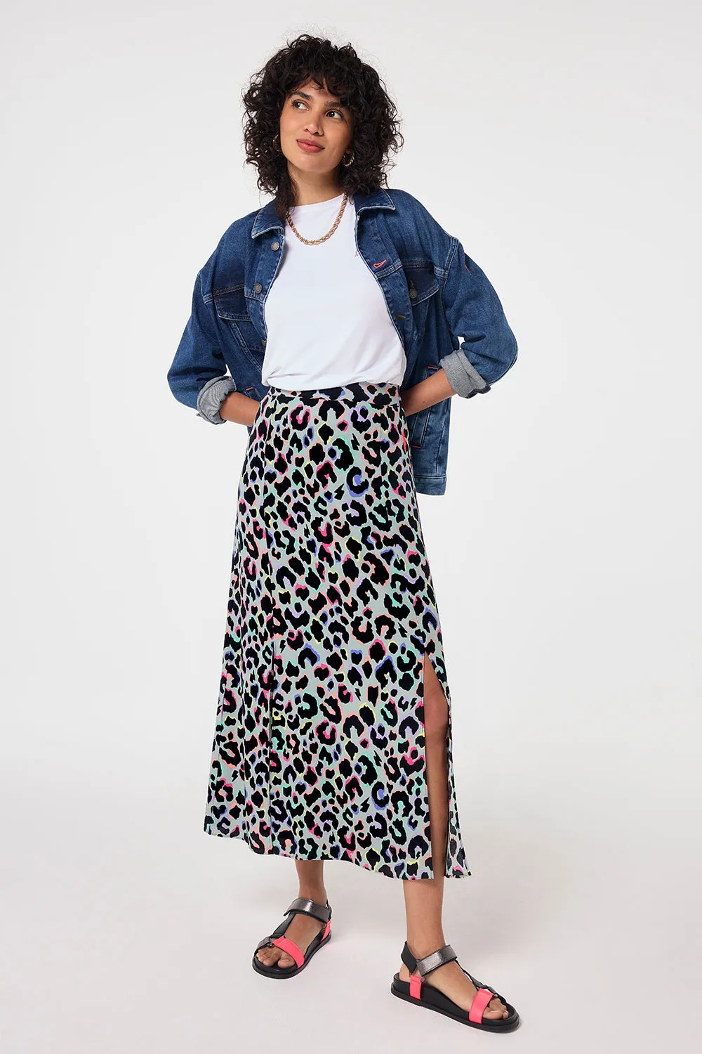 Dance Practice Pale Khaki with Rainbow Shadow Leopard Split Front Skirt