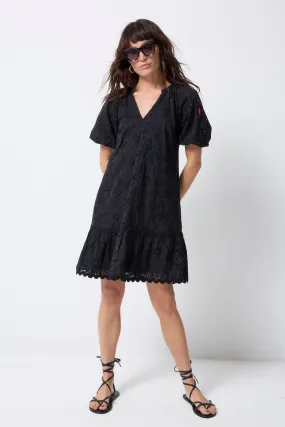 Street Style Black V-Neck Broderie Short Dress
