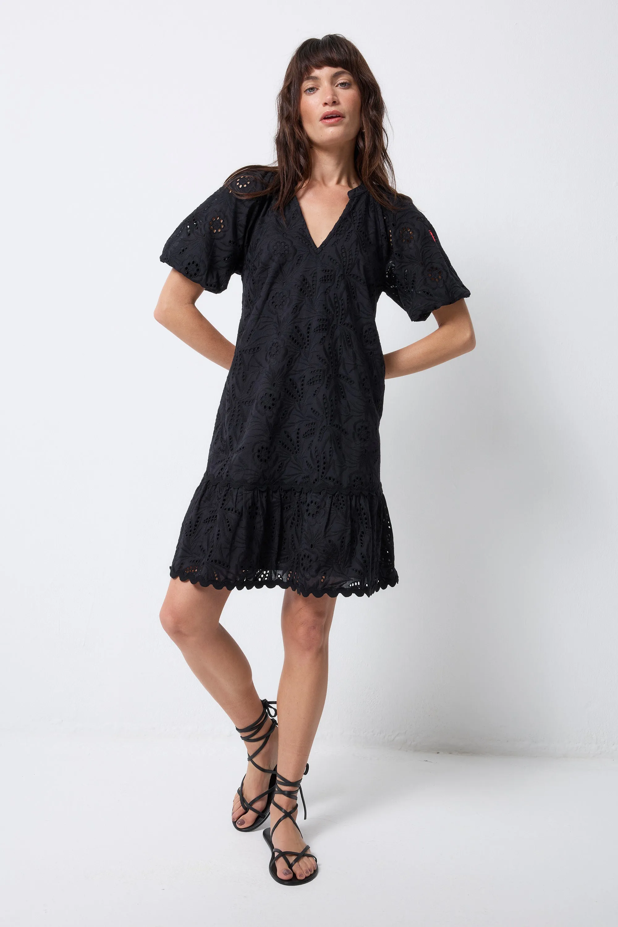 Black V-Neck Broderie Short Dress Subtle Drape