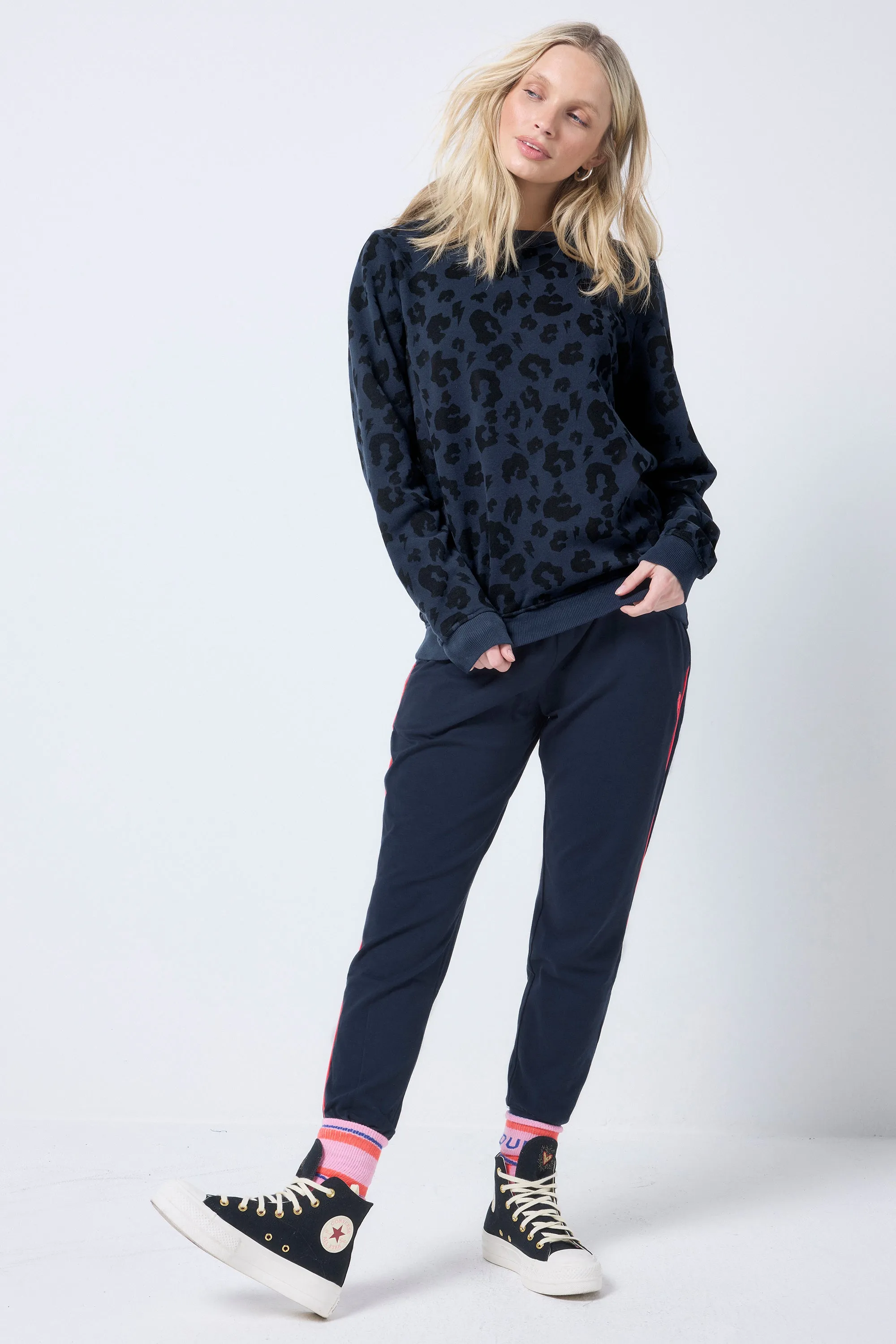 Navy Leopard Sweatshirt Fresh Active Contrast Trim