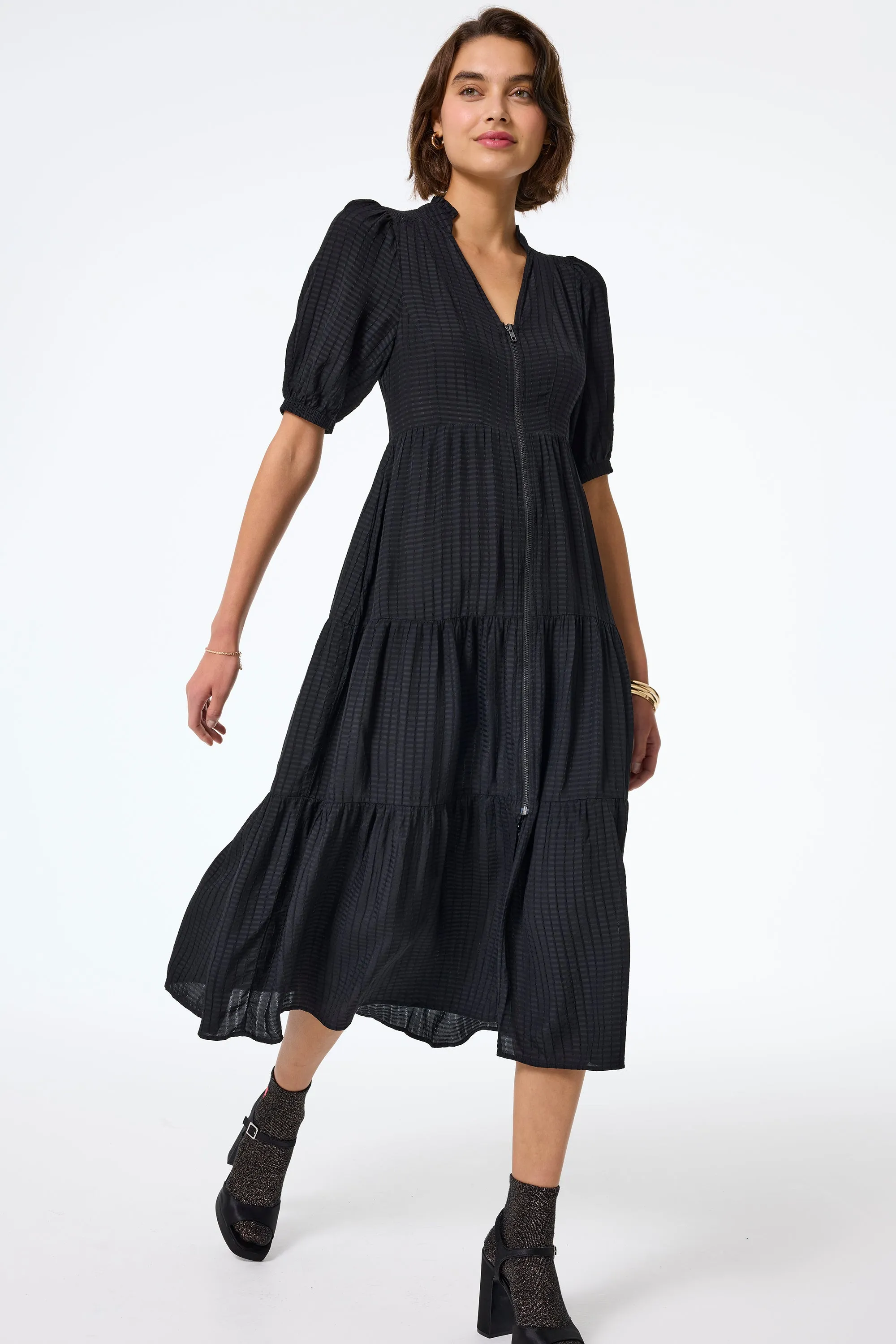 Black Textured Zip Detail Tiered Midi Dress Luxurious Texture