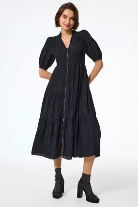 Black Textured Zip Detail Tiered Midi Dress Trendy Layering