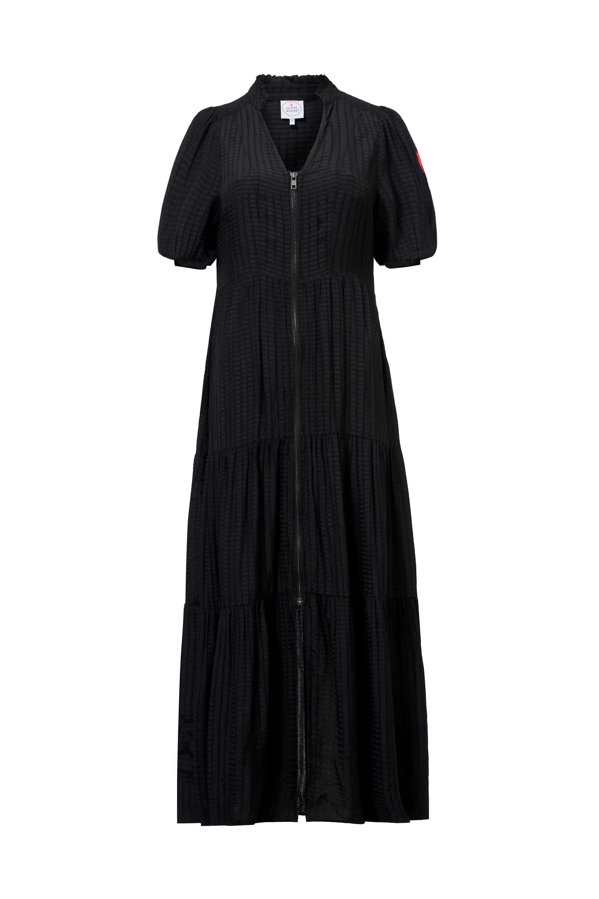Black Textured Zip Detail Tiered Midi Dress Office Shape Polished Cut