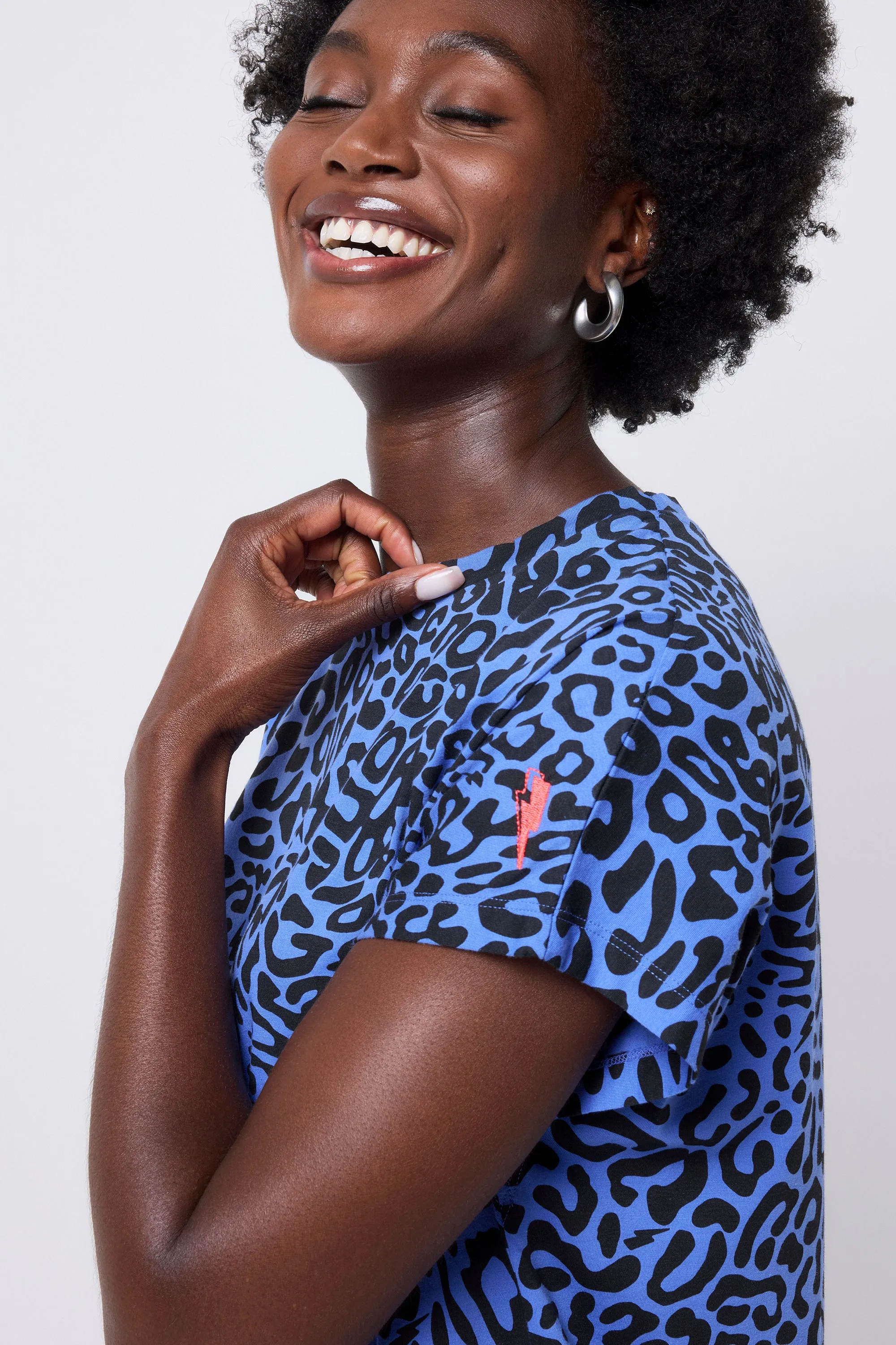 Blue with Black Leopard Ray Midi T-Shirt Dress Minimalist feel