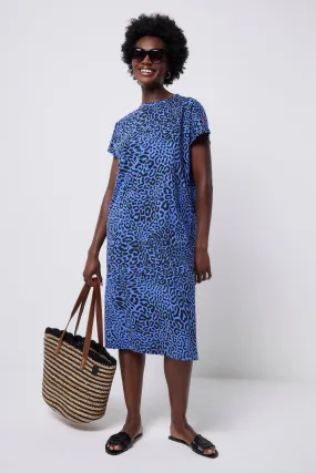 Subtle Comfort Artistic Edge Blue with Black Leopard Ray Midi T-Shirt Dress