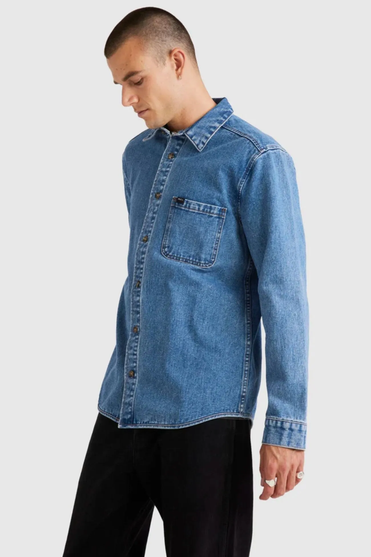 Chic Cardigan Flatlock Seam RVCA Classic Denim Long Sleeve Shirt Vintage Blue