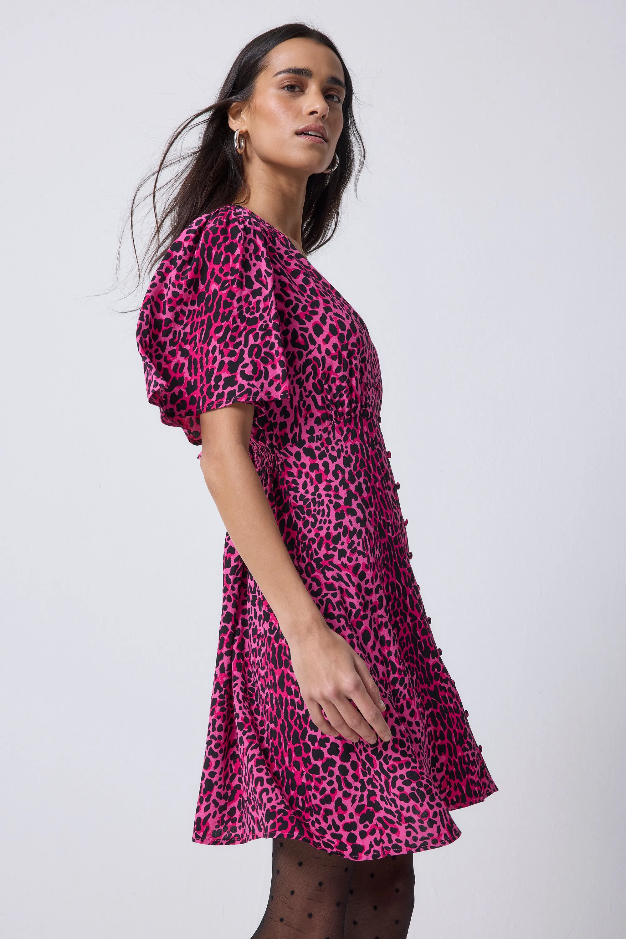 Semi Formal Pink with Black Leopard Angel Sleeve Short Tea Dress
