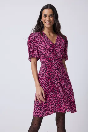 Walk Easy Pink with Black Leopard Angel Sleeve Short Tea Dress