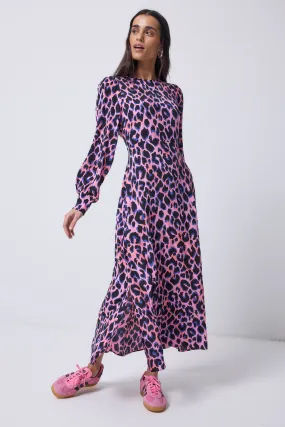 New Mood Modest Look Pink with Blue and Black Shadow Leopard Blouson Sleeve Midi Dress