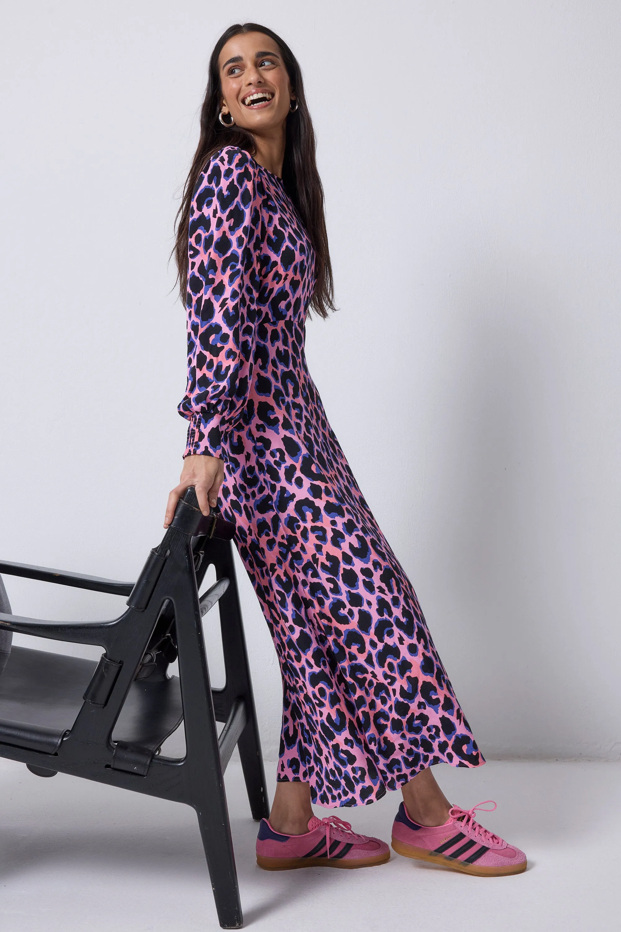 Crisp Look Party Floral Pink with Blue and Black Shadow Leopard Blouson Sleeve Midi Dress