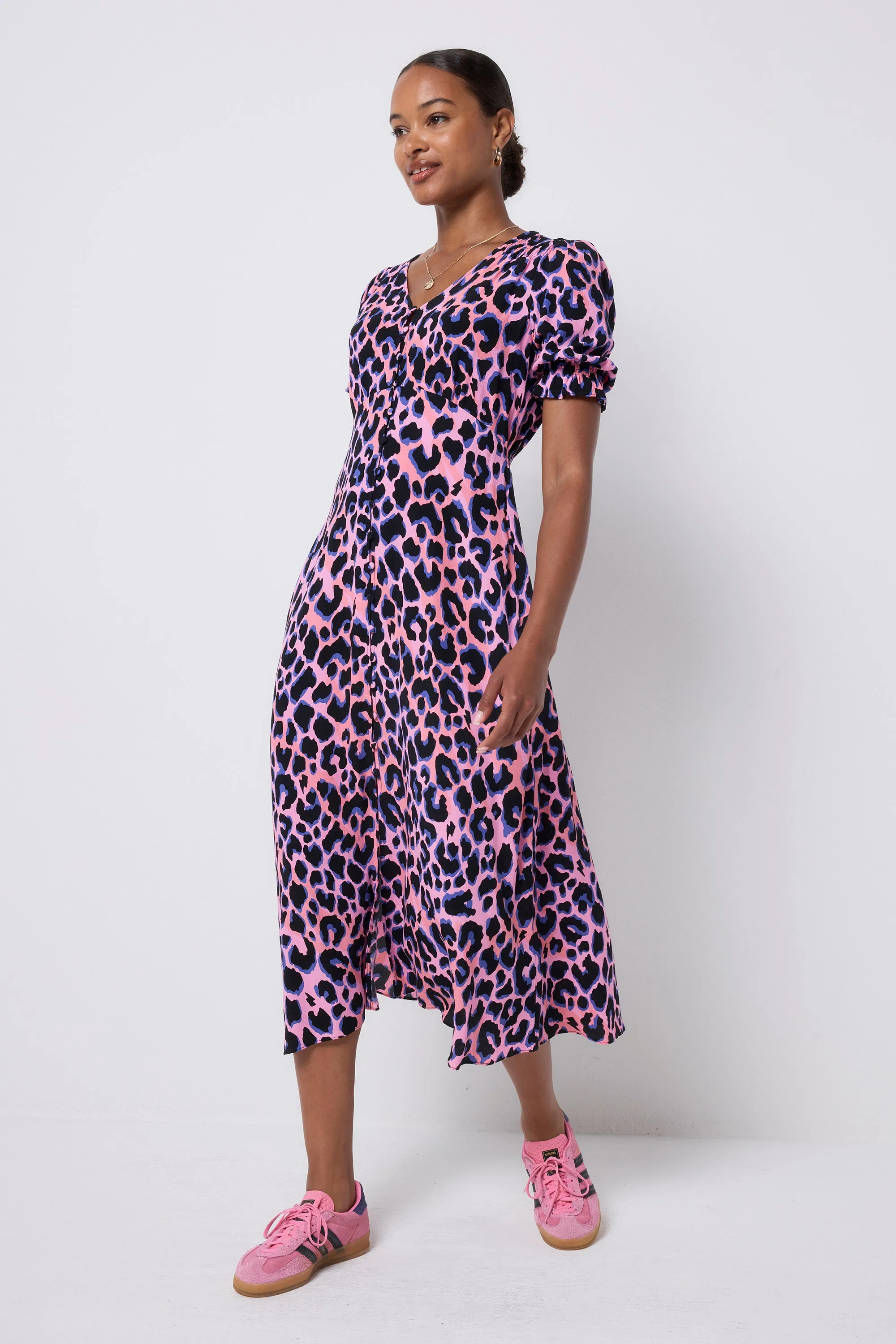 Pink with Blue and Black Shadow Leopard Flute Sleeve Midi Tea Dress Vintage Vibe
