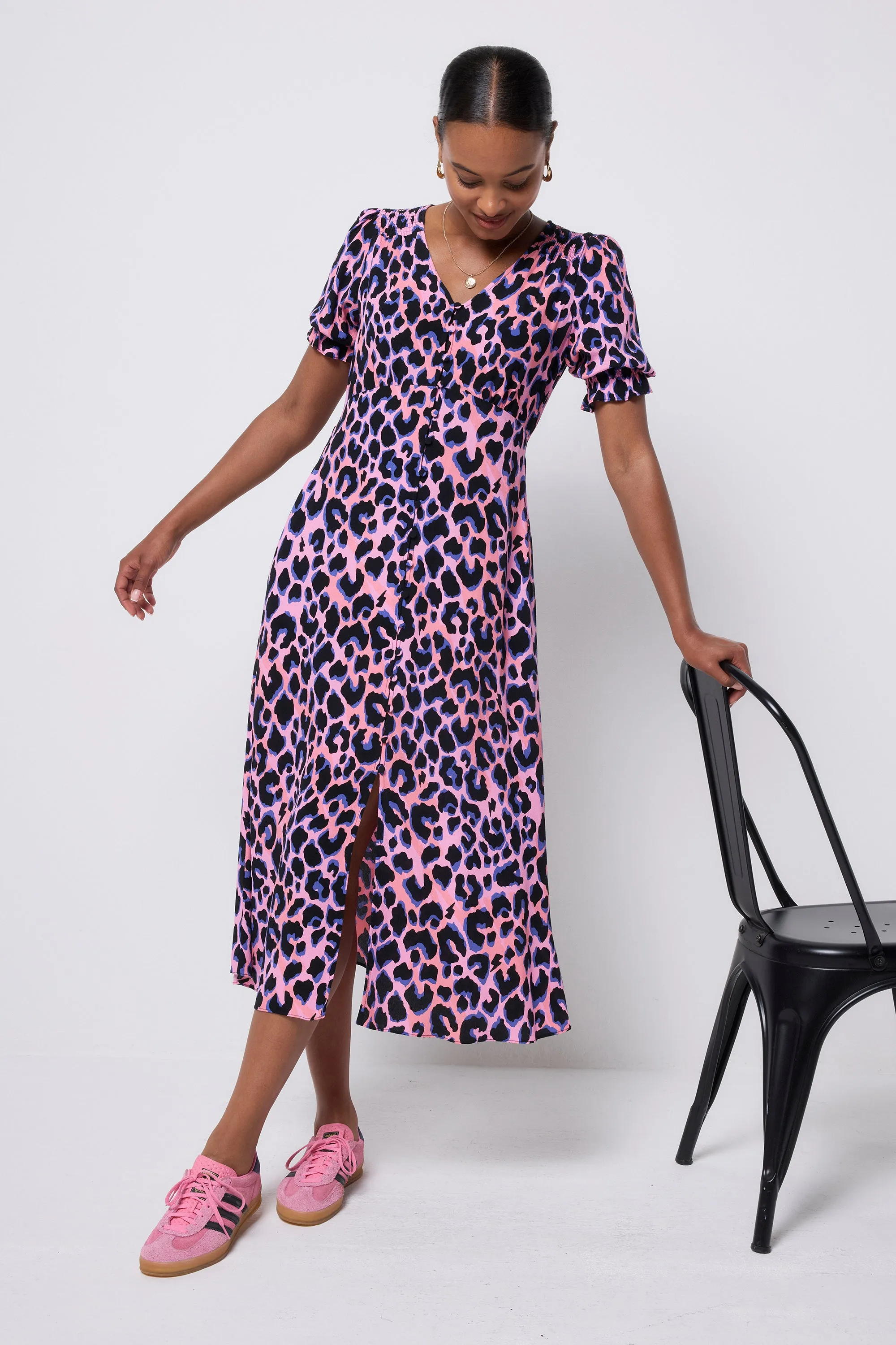 Pink with Blue and Black Shadow Leopard Flute Sleeve Midi Tea Dress Frayed-Edge