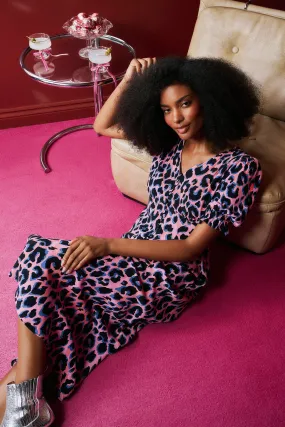Pink with Blue and Black Shadow Leopard Flute Sleeve Midi Tea Dress Calm Beauty Tailored Fit