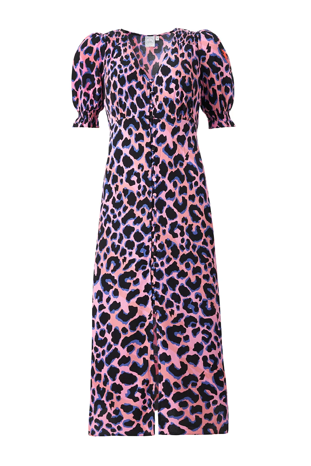 Pink with Blue and Black Shadow Leopard Flute Sleeve Midi Tea Dress Comfortable fit dress for all body types