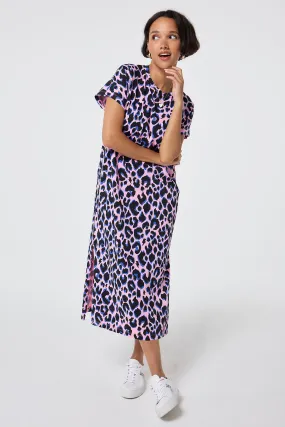 Pink with Blue and Black Shadow Leopard Midi T-Shirt Dress Modern and Stylish Smart and Relaxed