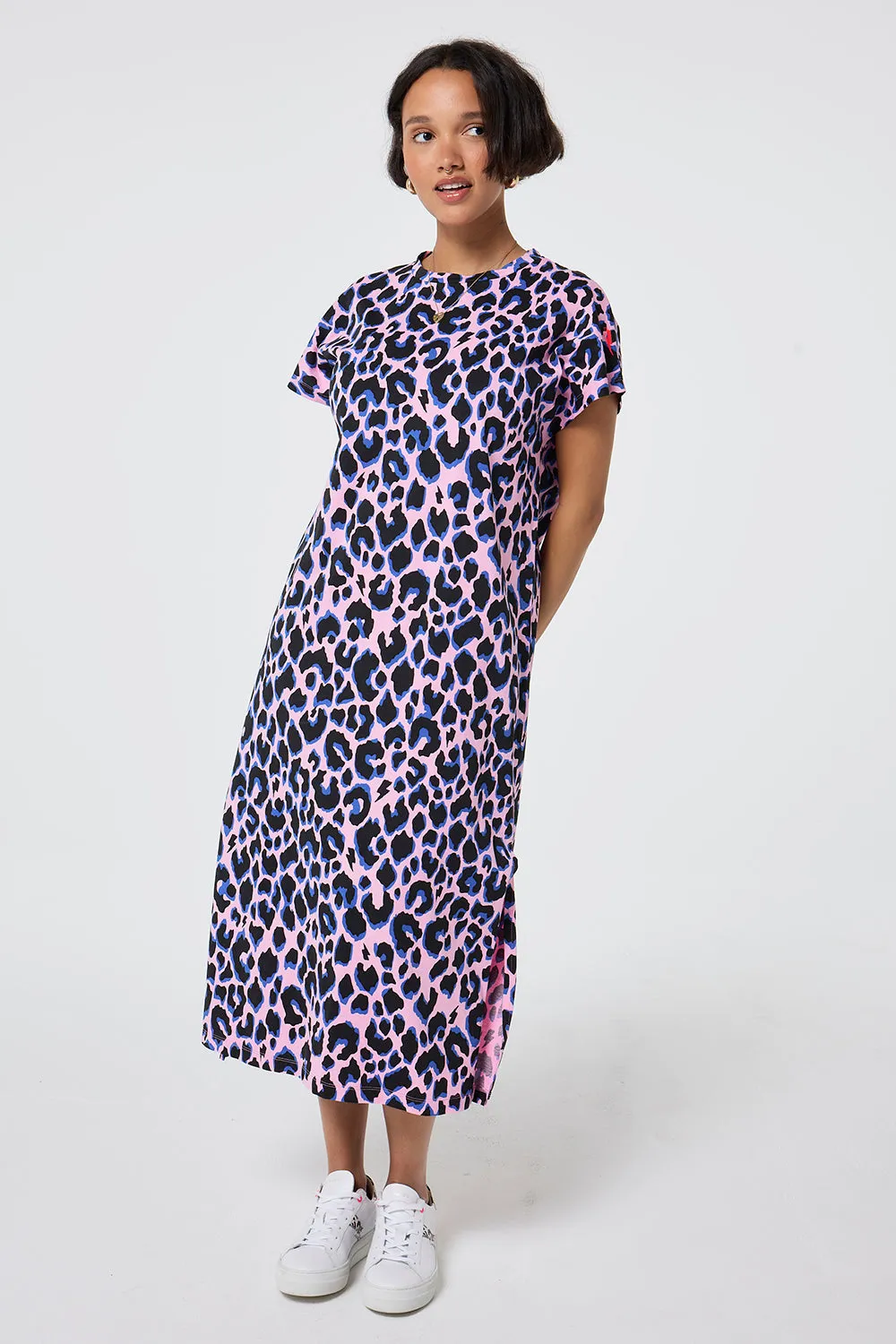Pink with Blue and Black Shadow Leopard Midi T-Shirt Dress Crinkle Effect