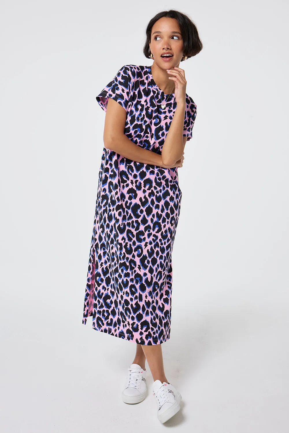Pink with Blue and Black Shadow Leopard Midi T-Shirt Dress Modern and Stylish Smart and Relaxed
