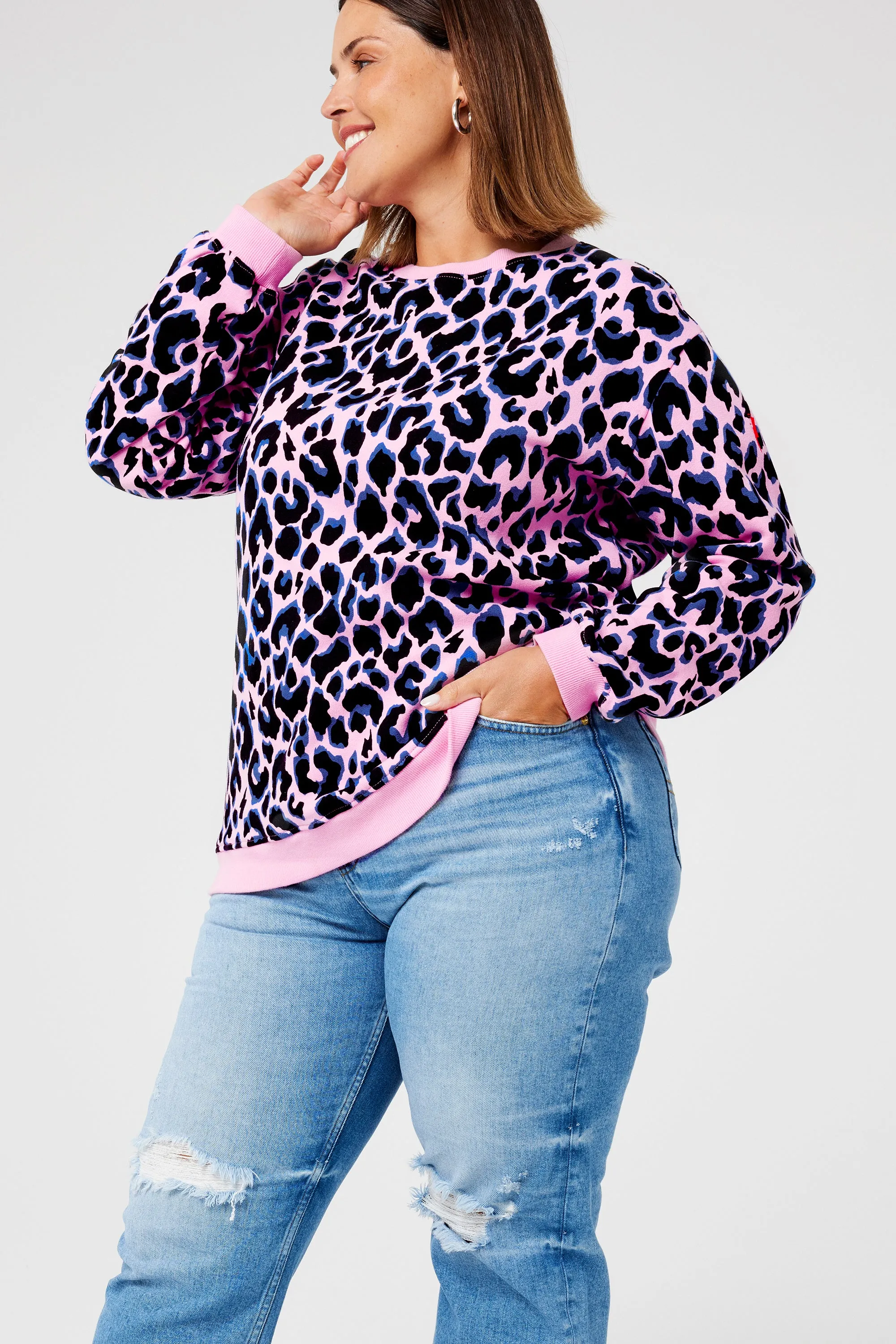 Weekend Fit Tassel accents Pink with Blue and Black Shadow Leopard Oversized Sweatshirt