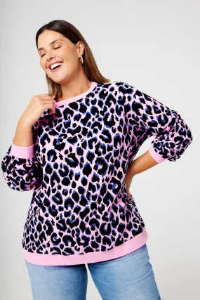 Pink with Blue and Black Shadow Leopard Oversized Sweatshirt Suede fit test